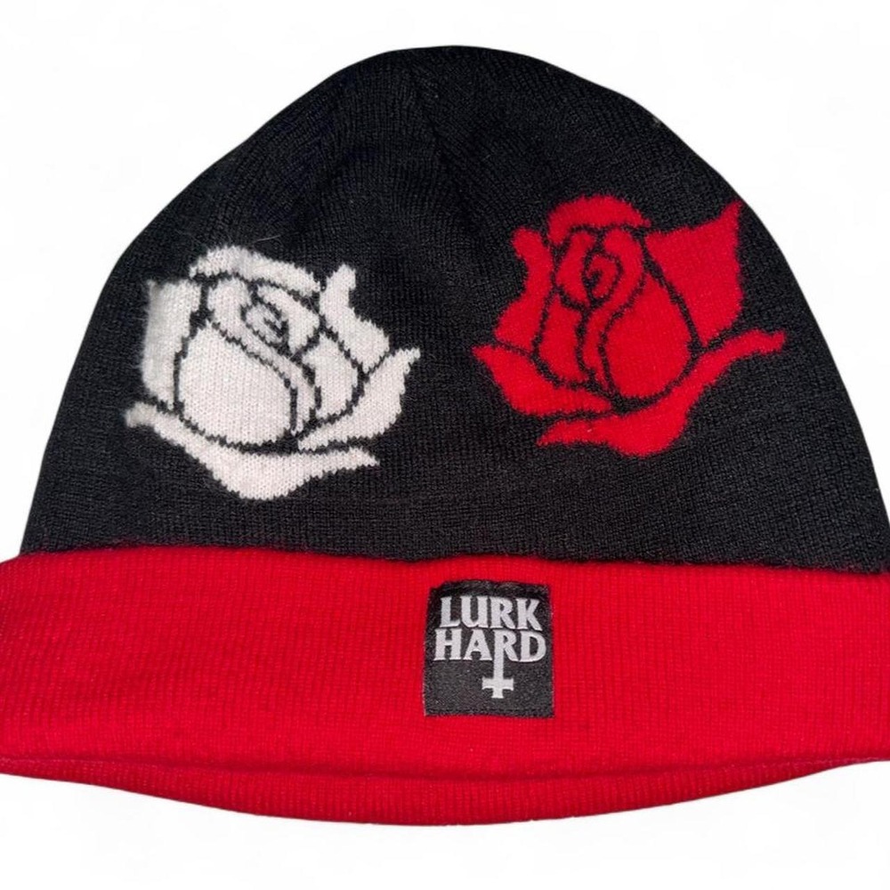 Lurk Hard knit beanie featuring an allover rose graphic